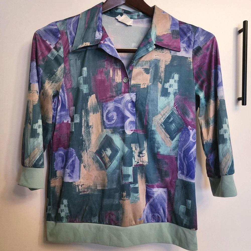 Blair Vintage 90s Abstract Collared Blouse Blue Purple Retro 3/4 Sleeve‎ JTOPC8T